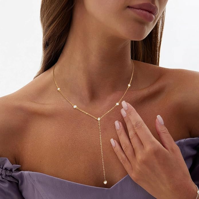 Gold Necklace for Women, Dainty Gold Long Necklaces 14k Gold Plated Prom Bar CZ Lariat Necklace Simple Choker Necklaces for Women Trendy Boho Fashion Costume Jewelry Womens
