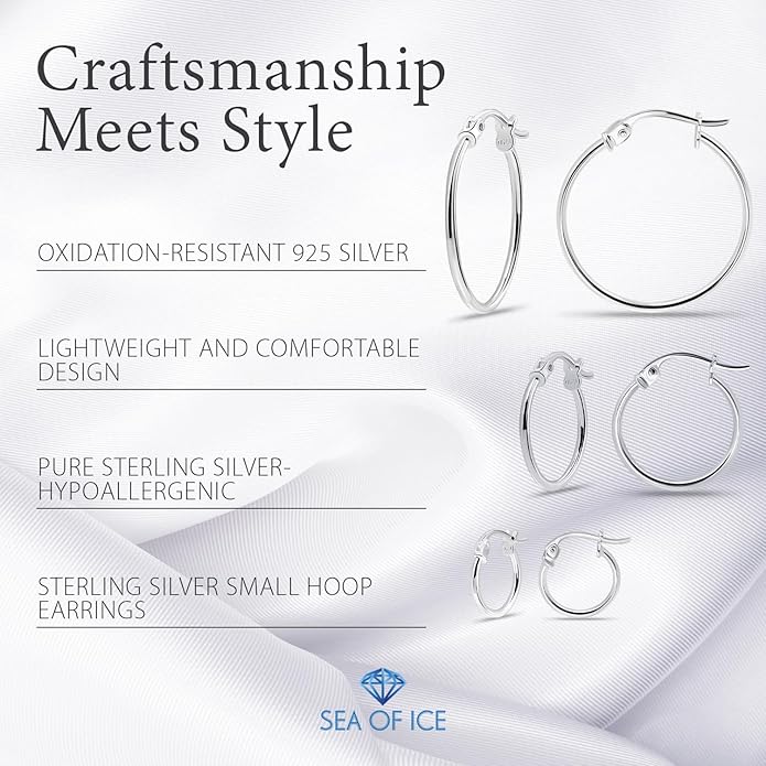 SEA OF ICE 925 Sterling Silver Hoop Earrings for Women - Hypoallergenic Earrings for Women in Sterling Silver, Yellow Gold, Rose Gold or Black Rhodium | Sizes 12MM, 15MM, 20MM or Multipack