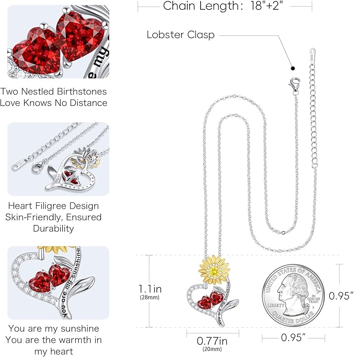 PERJI Valentine's Day Gifts for Women - 925 Sterling Silver Double Birthstone Sunflower Necklace, Anniversary Birthday Jewelry You are My Sunshine Gifts for Wife Couple Girlfriend 18"+2" Non Tarnish