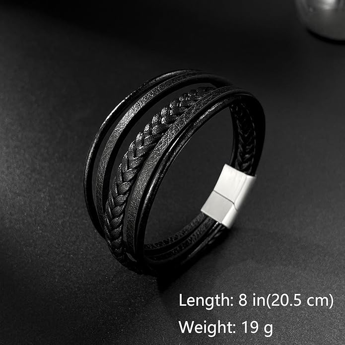 Italian Handmade Genuine Leather Bracelets for Men Stainless Steel Clip, Men's Casual Genuine Multi-layer Cuff Bracelet, Bracelet Gift for Real Men