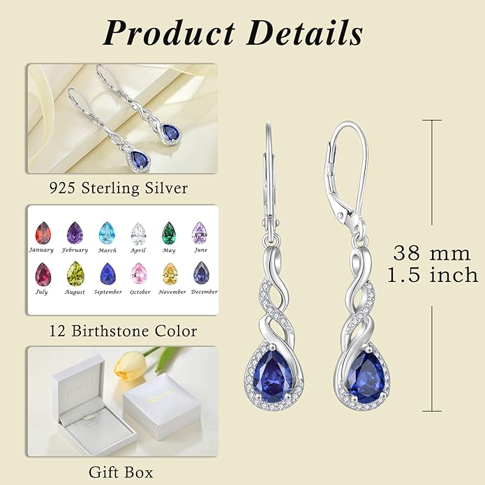 Infinity Dangle Drop Earrings for Women 925 Sterling Silver Teardrop Leverback Earrings Birthstone Jewelry Gifts for Women Wife Girlfriend Mother Daughter Her