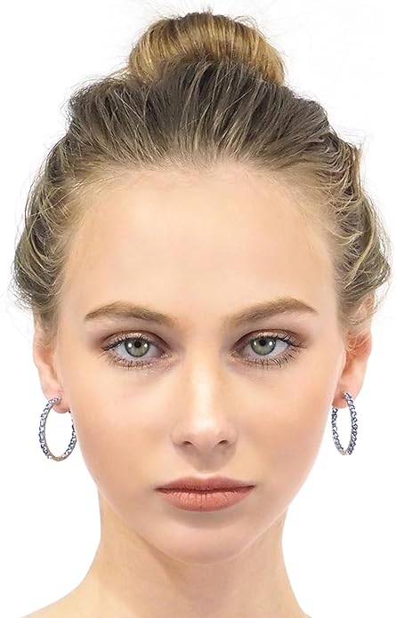 Hoop Earrings with 40 Colored Gemstones, Birthstone Earrings, 925 Sterling Silver Rhodium Plated, Push Back Closure, 1.18'
