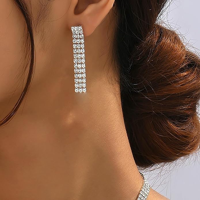 Crystal Wedding Jewelry Set, Silver Necklace Earrings Bracelet Crystal Bridal Wedding Jewelry Sets for Brides Bridesmaid Prom Costume Accessories