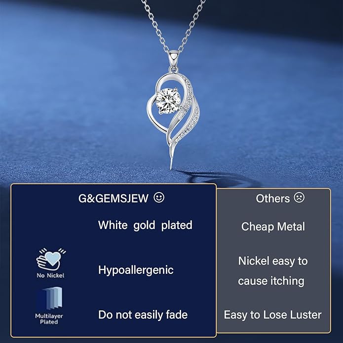 G&GEMSJEW Heart Necklaces for Women, 1-2 Carats Moissanite, 18K White Gold-Plated 925 Sterling Silver Round Brilliant Cut Moissanite Imitation Diamond Necklaces, Jewelry Gifts for Christmas Valentine's Day,Anniversary Present for Wife Women
