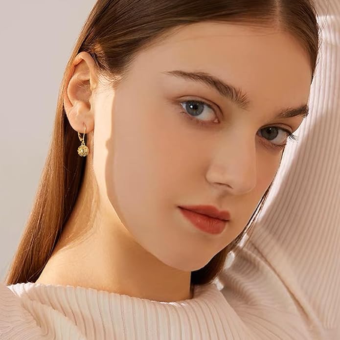 925 Sterling Silver 14K Gold French Style Leverback Earrings, Heart Dangle Drop Earrings for Women Hypoallergenic Jewelry