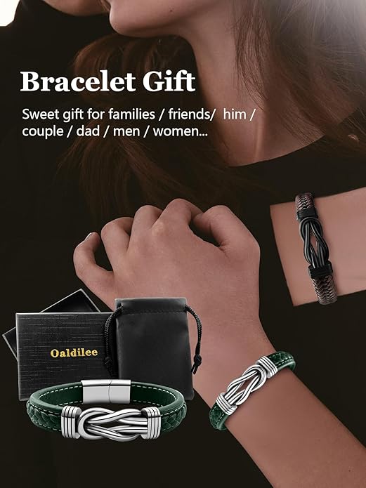 Mens Black Braided Leather Bracelet, Green/Red/Brown/Black Braided Leather Infinity Knot Bracelets for Men with Stainless Steel Clasp, 7.5/8.5/9in Length