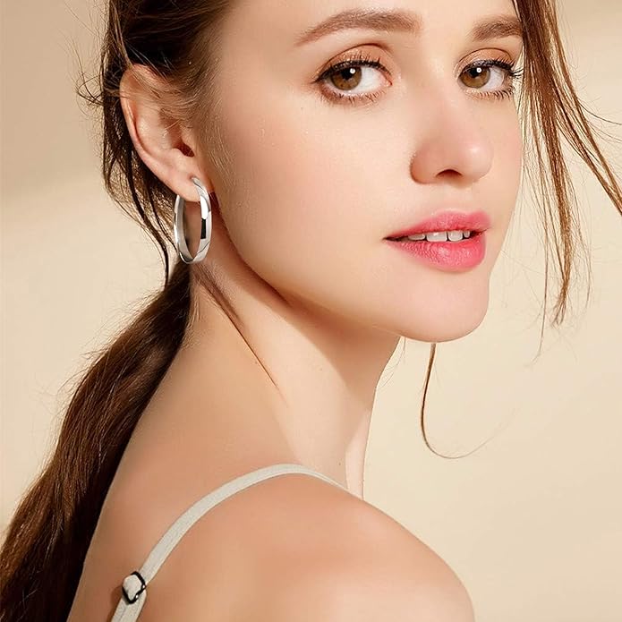 EXGOX 5mm Wide Gold Hoop Earrings for Women,Sterling Silver Hoop Earrings Large Silver Hoop Earrings Hypoallergenic Lightweight 14K Real Gold Plated Big Hoop Earrings for Women 30/40/50/60/70mm