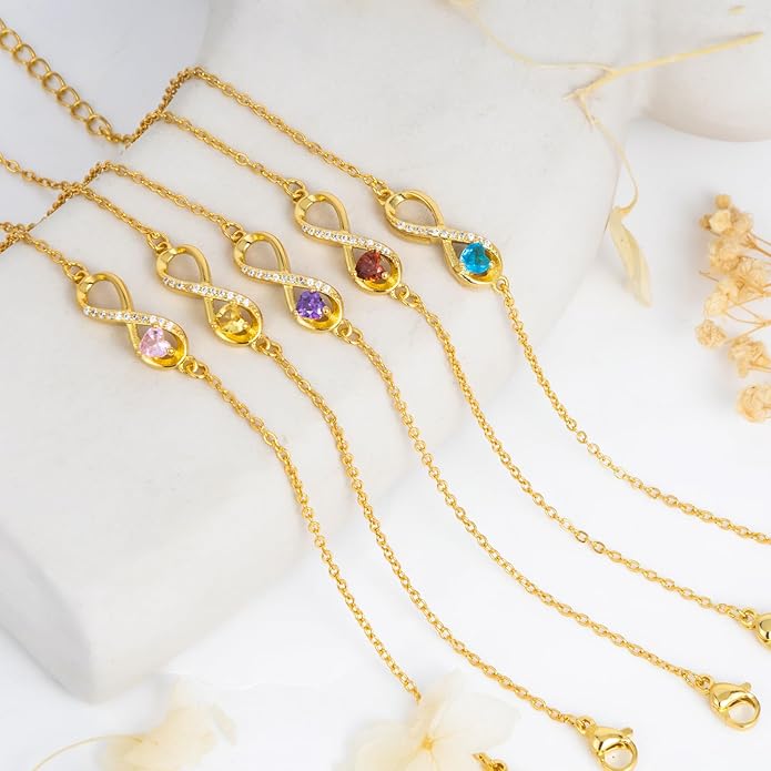 HNPHQT Jewelry Sets for Women-18K Gold Plated Dainty Birthstone Pendant,Trendy Necklace Earrings Infinity Bracelets Set,Ideal Jewelry Gifts for Her Mom