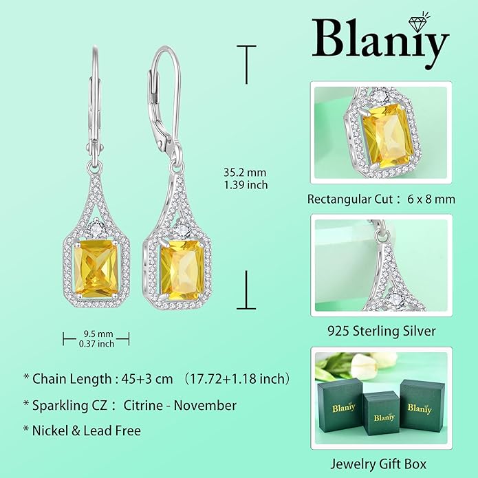 Emerald Cut Dangle Drop Earrings 925 Sterling Silver Halo Rectangular Leverback Earrings Birthstone Jewelry for Women