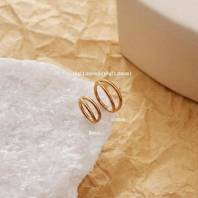 2 PCS Small Cartilage Double-Hoop Helix Conch Piercing Earrings With Cubic Zirconia For Women Trendy 14K Gold Plated Titanium Surgical Stainless Steel Sets Jewelry