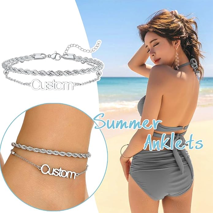 U7 Custom Layered Ankle Bracelets for Women Stainless Steel Bead/Cuban/Figaro/Rope/Wheat Chain Anklet Waterproof Anklet Jewelry for Beach Vacation