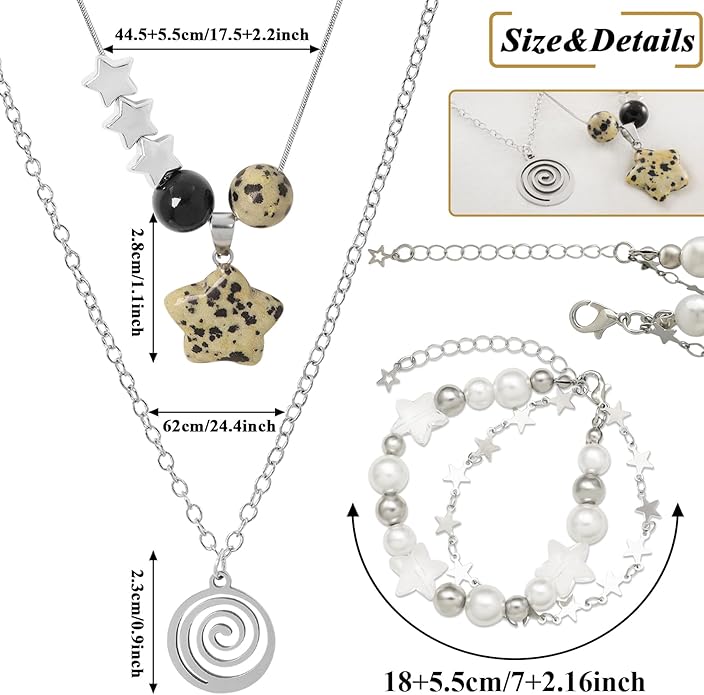 Multilayer Y2k Star Necklace Fairy Grunge Bracelets Set Handmade Fairycore Grunge Jewelry Gothic Swirl Star Necklace Punk Rock Roll Music Guitar Grunge Accessories for Women Men
