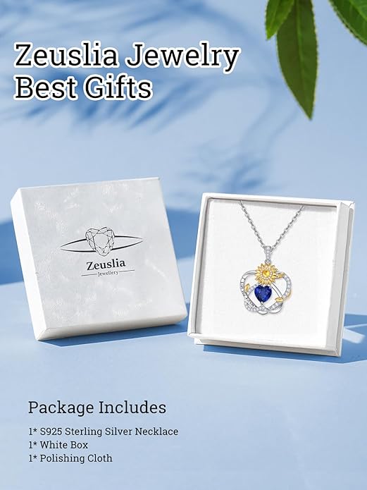 Zeuslia Double Birthstone Necklace Gifts for Wife - 925 Sterling Silver Sunflower/Rose/Crown Cross/Compass/Heart Pendant I Love You Necklace, Anniversary Birthday Gifts for Wife Girlfriend Mom Her