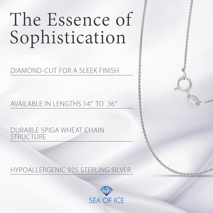 SEA OF ICE Italian Spiga Wheat Chain Necklace – Silver Chain Necklace for Women and Men – 925 Sterling Silver Spring Ring Locked Jewelry Chain – Multisize Silver Chain Unisex