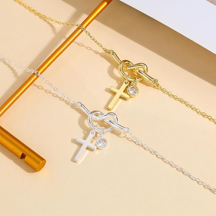 Moodear Christmas Gifts Sotcking Stuffers, Dainty 925 Sterling Silver/14k Gold Plated CZ Cross Bracelet Layered Snake Pearl Chain Knot Bracelets for Women Trendy Religious Christian Jewelry