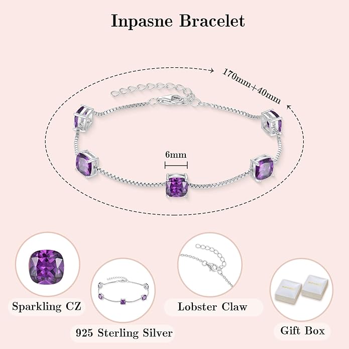 Birthstone Bracelet for Women 925 Sterling Silver Dainty Princess Cut Link Bracelet Jewelry Gifts for Her