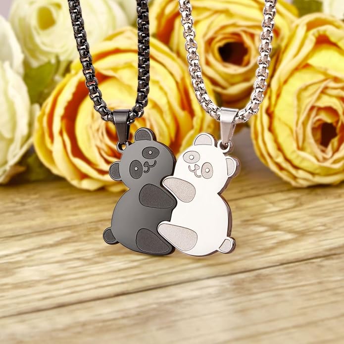 Colentine Panda Couples Necklace Cute Panda Hugging Puzzle Matching Necklaces Gift for Valentines Day