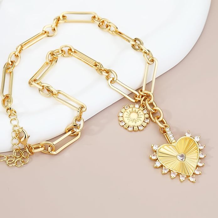 Chunky Gold Necklace for Women, 18K Waterproof Heart Necklace Statement Necklace Gold Charm Necklace Chunky Jewelry Paperclip Chain Choker Gift for Women