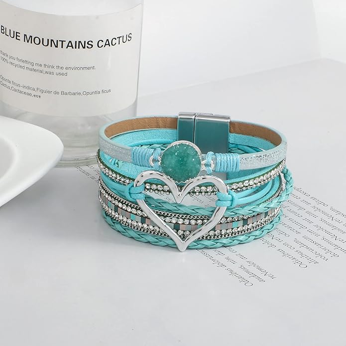 Leather Wrap Bracelet for Women Beaded Cuff Bracelet with Heart-shape Decor Bohemian Crystal Bracelet Jewelry with Clasp Bangle Bracelet for Women Girls Birthday Holiday Gift