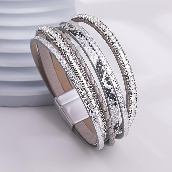 FANCY SHINY Boho Leather Wrap Bracelets Trendy Layered Bracelets with Magnetic Clasp Strackable Bohemian Jewelry Gifts for Women