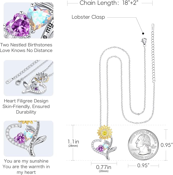 PERJI Valentine's Day Gifts for Women - 925 Sterling Silver Double Birthstone Sunflower Necklace, Anniversary Birthday Jewelry You are My Sunshine Gifts for Wife Couple Girlfriend 18"+2" Non Tarnish