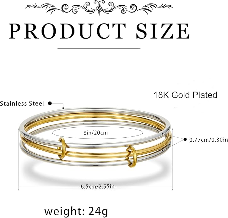 HANRESHE Mixed Metal Bracelet Stack Two Tone Bracelets for Women Silver and 14K Gold Plated Interlocked Stackable Bangle Set Stainless Steel Non Tarnish Bangle 7.5 inch