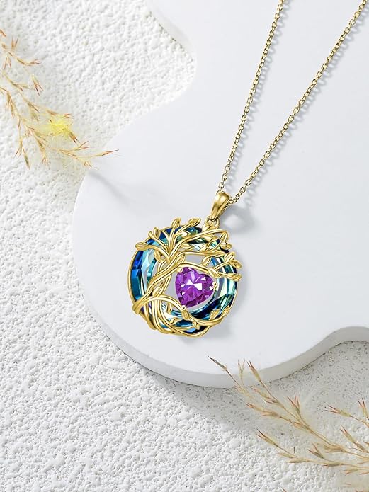 TOUPOP Christmas Gifts Tree of Life Birthstone Necklace 925 Sterling Silver Pendant Austrian Crystal Jewelry Anniversary Birthday Gifts for Women Mom Her Wife