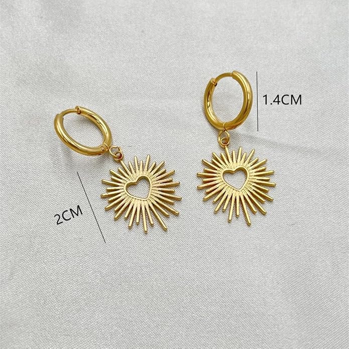 Sunburst Heart Dangle Hoop Earrings, 18K Gold Plated hypoallergenic Stainless Steel Cute Jewelry for Women daily Wear