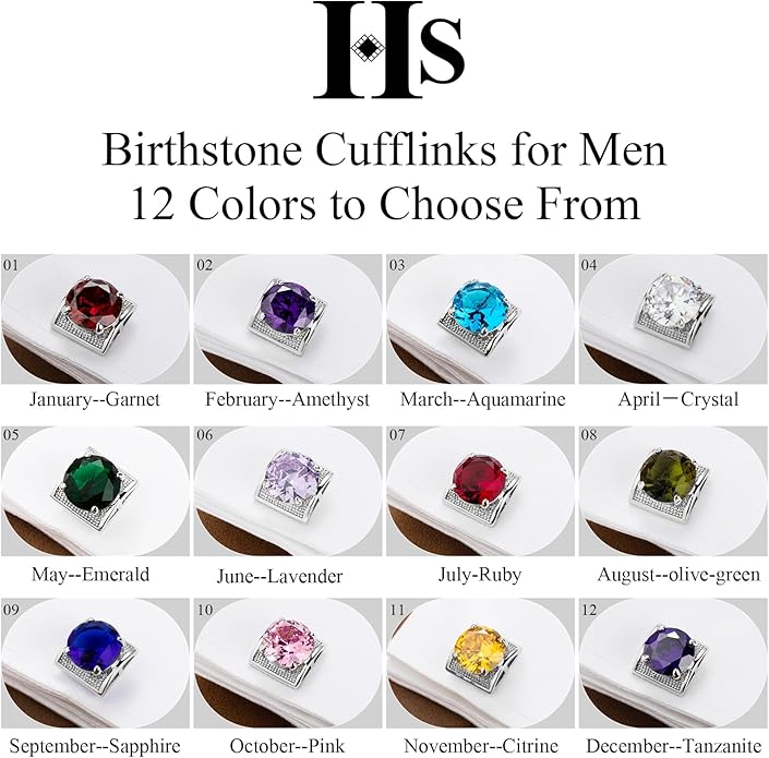 HAWSON Large Silver Birthstone Cuff Links Mens, Colorful Gem Cufflinks for Shirt Suit Accessories, Birthday Anniversary Wedding Gifts for Groommens Husband Father
