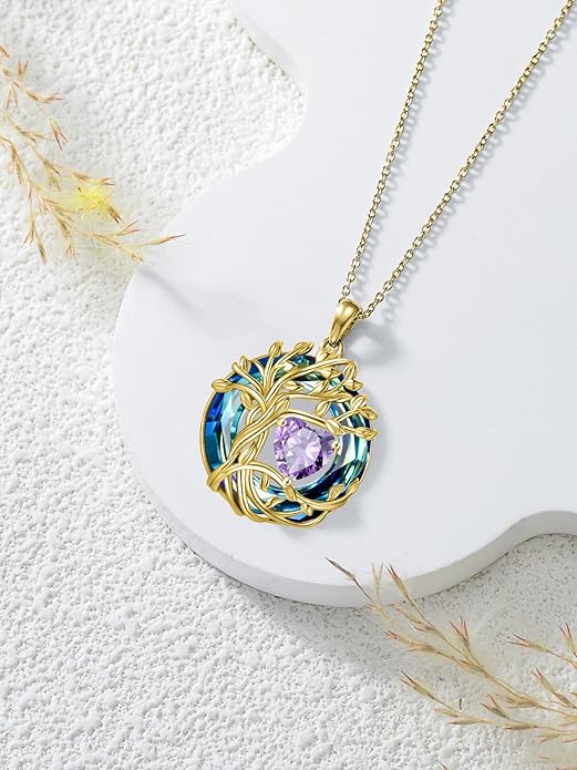 TOUPOP Christmas Gifts Tree of Life Birthstone Necklace 925 Sterling Silver Pendant Austrian Crystal Jewelry Anniversary Birthday Gifts for Women Mom Her Wife