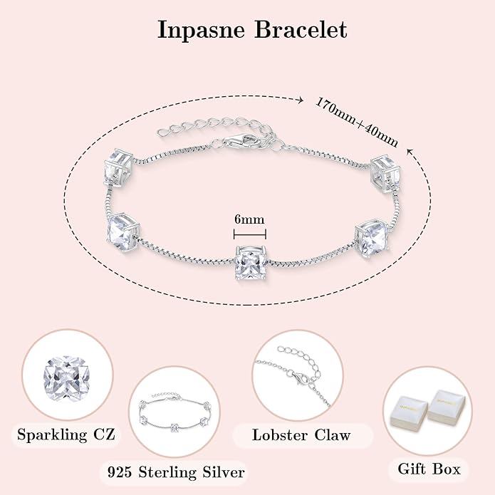 Birthstone Bracelet for Women 925 Sterling Silver Dainty Princess Cut Link Bracelet Jewelry Gifts for Her