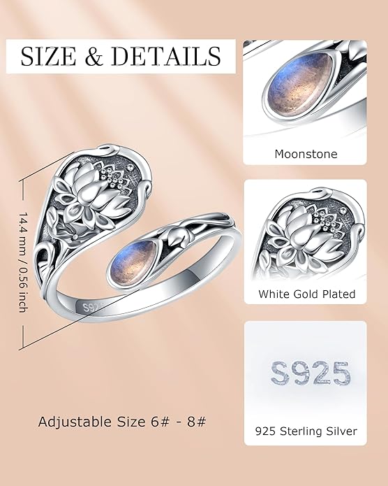 S925-Sterling-Silver Abalone Dragonfly-Turquoise Spoon Ring - Vintage Boho Sunflower Thumb Oxidized Wrap Rings Victorian Style Antique Floral Jewelry Gifts for Women