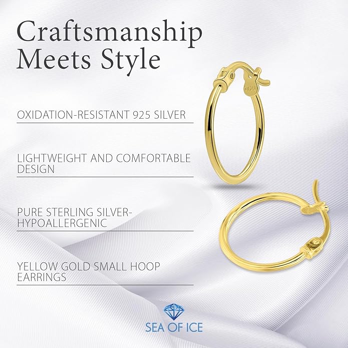 SEA OF ICE 925 Sterling Silver Hoop Earrings for Women - Hypoallergenic Earrings for Women in Sterling Silver, Yellow Gold, Rose Gold or Black Rhodium | Sizes 12MM, 15MM, 20MM or Multipack