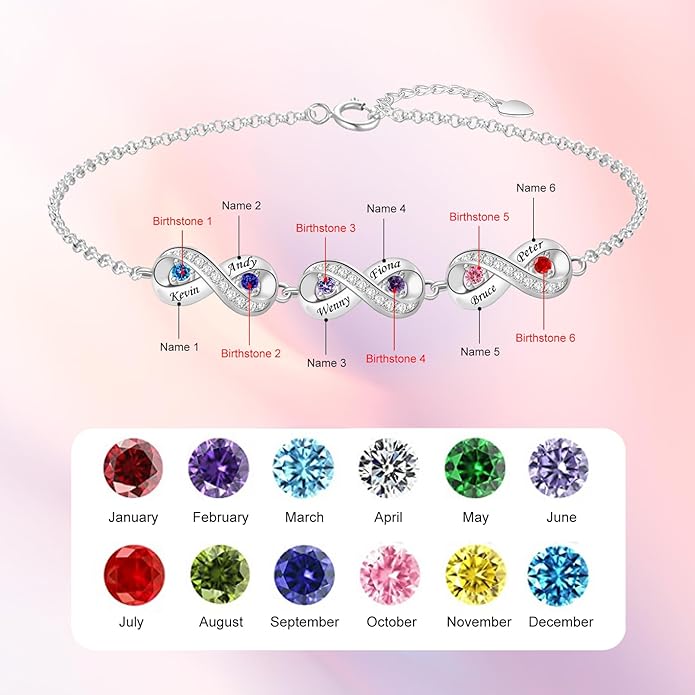 BABOOM Personalized Birthstone Bracelet for Mom Custom Infinity Name Bracelets with 1-8 Birthstones Jewelry Mothers Day Gifts for Women Mother Wife Grandma