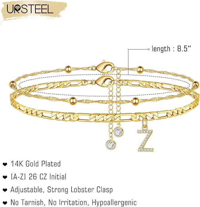 Ursteel Ankle Bracelets for Women, 14K Gold Plated Dainty Layered Chain CZ Initial Anklets Summer Jewelry Gifts for Women