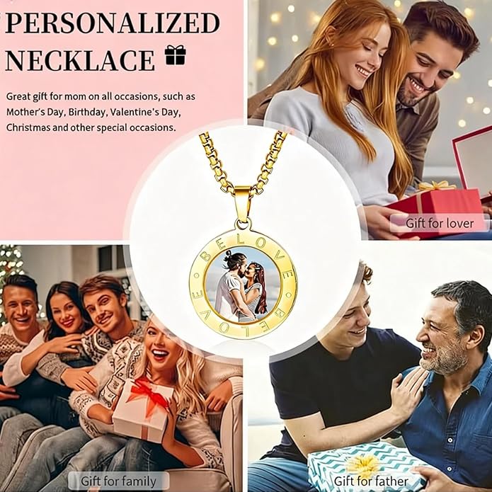 CLYLIFE Picture Necklace Personalized Photo,Custom Disc/Heart Pendant for Men Women Dad Mom Customized Necklace with Chain Photos Memorial Gifts for Mother's Day, Birthday, Anniversary