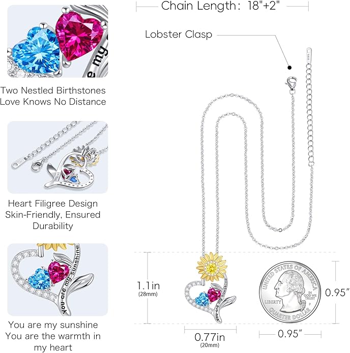 PERJI Valentine's Day Gifts for Women - 925 Sterling Silver Double Birthstone Sunflower Necklace, Anniversary Birthday Jewelry You are My Sunshine Gifts for Wife Couple Girlfriend 18"+2" Non Tarnish