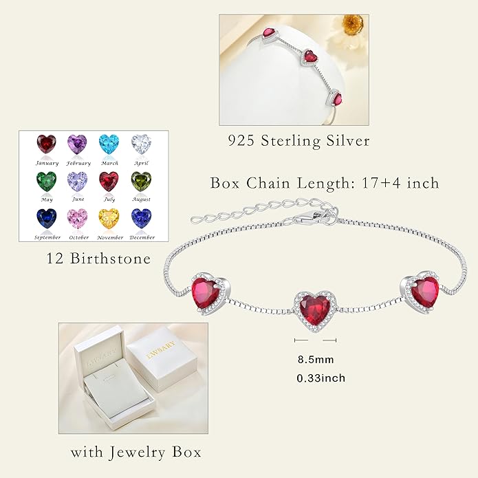 Love Heart Bracelet 925 Sterling Silver Halo Heart Birthstone Bracelet Jewelry Gifts for Women