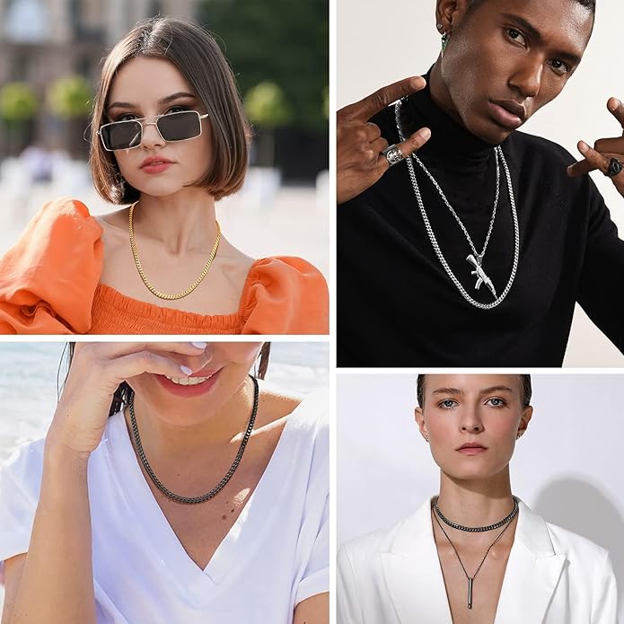 PROSTEEL 316L Stainless Steel Figaro Cuban Chain Necklace for Men, Black/18K Real Gold Plated, 4/5/6/7.5/9/10/13mm, 14inch-30inch, Come with Box