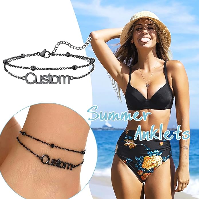 U7 Custom Layered Ankle Bracelets for Women Stainless Steel Bead/Cuban/Figaro/Rope/Wheat Chain Anklet Waterproof Anklet Jewelry for Beach Vacation
