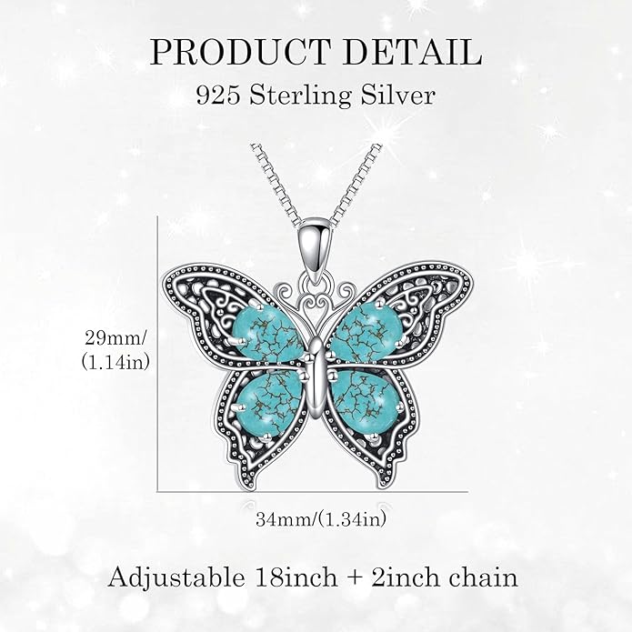 Turquoise Butterfly Necklace for Women, Sterling Silver Vintage Filigree Dainty Pendant Boho Jewelry, Ideal Birthday Valentine's Gift