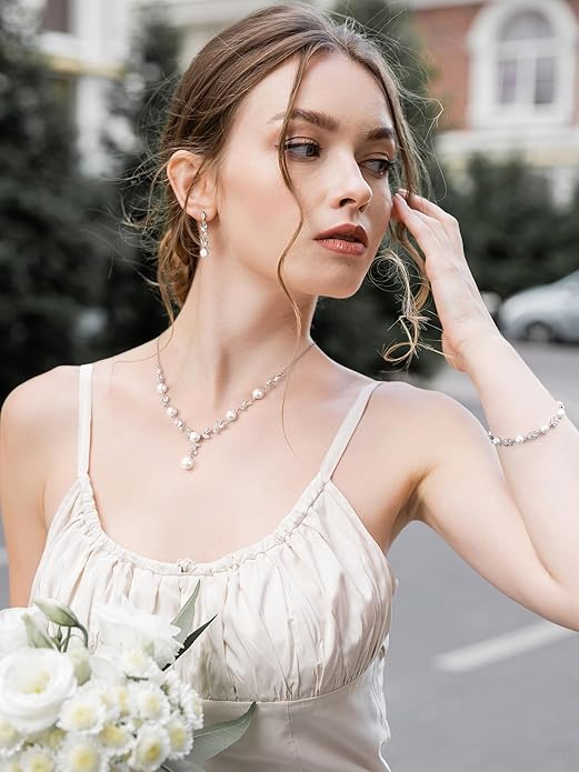 SWEETV Jewelry Set for Bride Women, Cubic Zirconia Pearl Bridal Earrings Necklace Bracelet Set, Bridal Jewelry Set for Wedding Prom