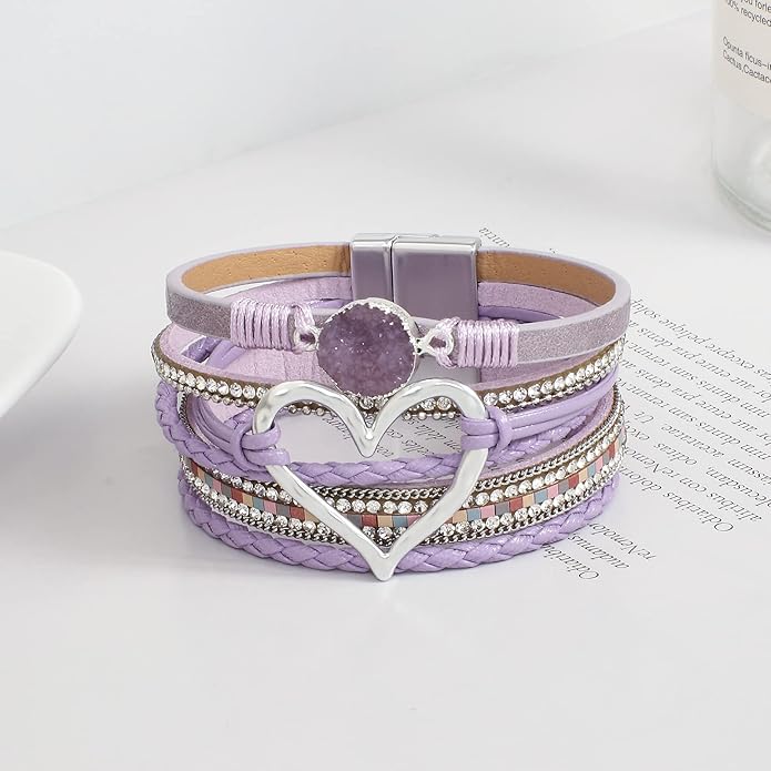 Leather Wrap Bracelet for Women Beaded Cuff Bracelet with Heart-shape Decor Bohemian Crystal Bracelet Jewelry with Clasp Bangle Bracelet for Women Girls Birthday Holiday Gift