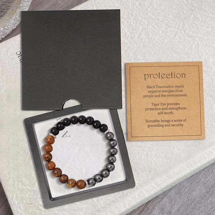 Energy Mens Beaded Bracelets,Triple Protection Bracelet for Men,Made of Three Kinds of 8mm Beads (Black Obsidian Hematite Tiger Eye Beaded), Personalized Gifts for Men