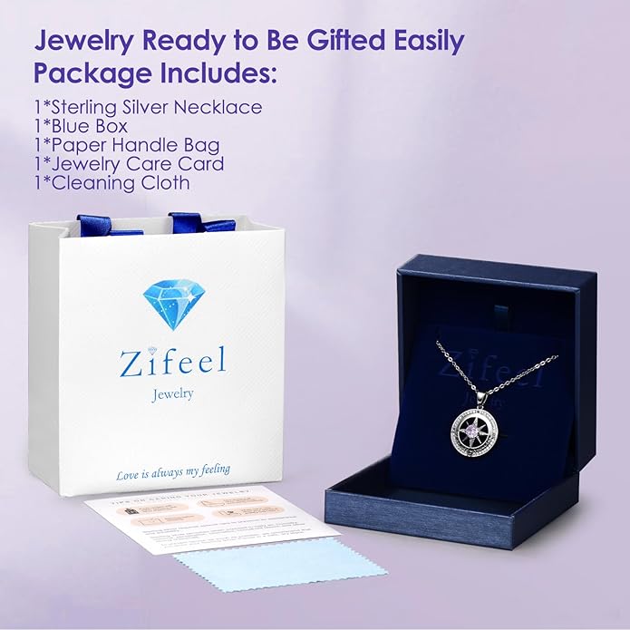 Zifeel Compass Necklace Gifts for Women wife - S925 Sterling Silver Birthstone Necklaces for Women - Anniversary Birthday Gifts for Her Wife Girlfriend - Valentines Mom Mothers Day Christmas Gifts Jewelry for Women
