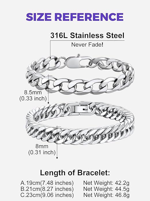 Richsteel 2PCS/3PCS Bracelets Chain for Men Women Stainless Steel Silver/Gold/Black Cuban/Rope Link Chain Bracelets Set, 7.4/8.2/9 Inch Hand Chain Length for Men Women Jewelry