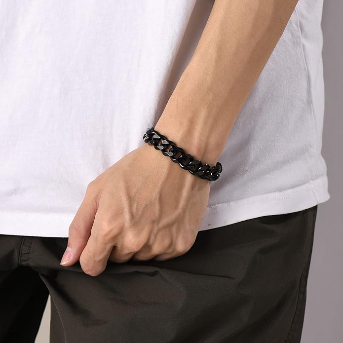 U7 Link Bracelets for Men, Cuban Link/Rope/Watch Band Solid Bracelet, Silver Black Gold Color Wrist Bracelet 3/6/9/12/15mm Width, 6.5/7.5/8.3 Inch Length, Hand Chain Jewelry for Mens Women