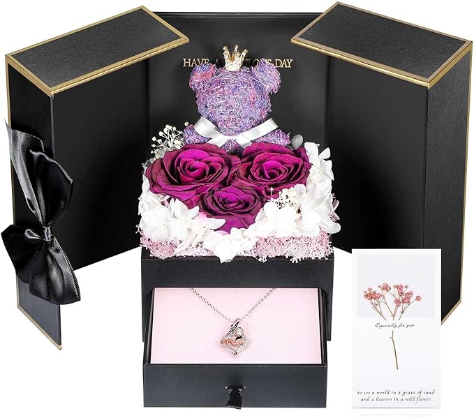 ADDWel Gifts for Mom from Daughter and Son, Unique Mom Birthday Gift Idea, Preserved Real Roses with Sterling Silver Mom Necklace, Cool Present to Mother Mama