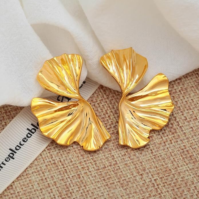Chunky Gold Statement Earrings For Women Gold Plated Sectored Flower Leaf Shell Angel Wing Earrings Large Stud Earrings Hypoallergenic Earrings