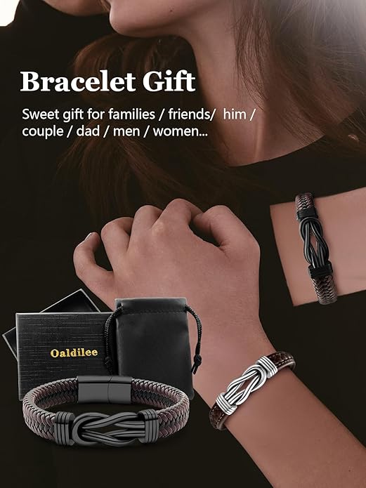 Mens Black Braided Leather Bracelet, Green/Red/Brown/Black Braided Leather Infinity Knot Bracelets for Men with Stainless Steel Clasp, 7.5/8.5/9in Length
